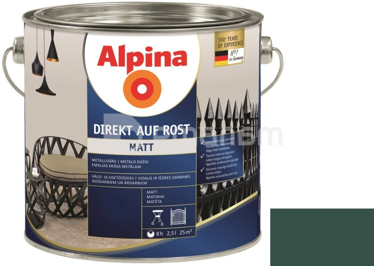 ემალი ანტიკოროზიული Alpina Direkt Auf Rost Matt მწვანე 2.5 ლ