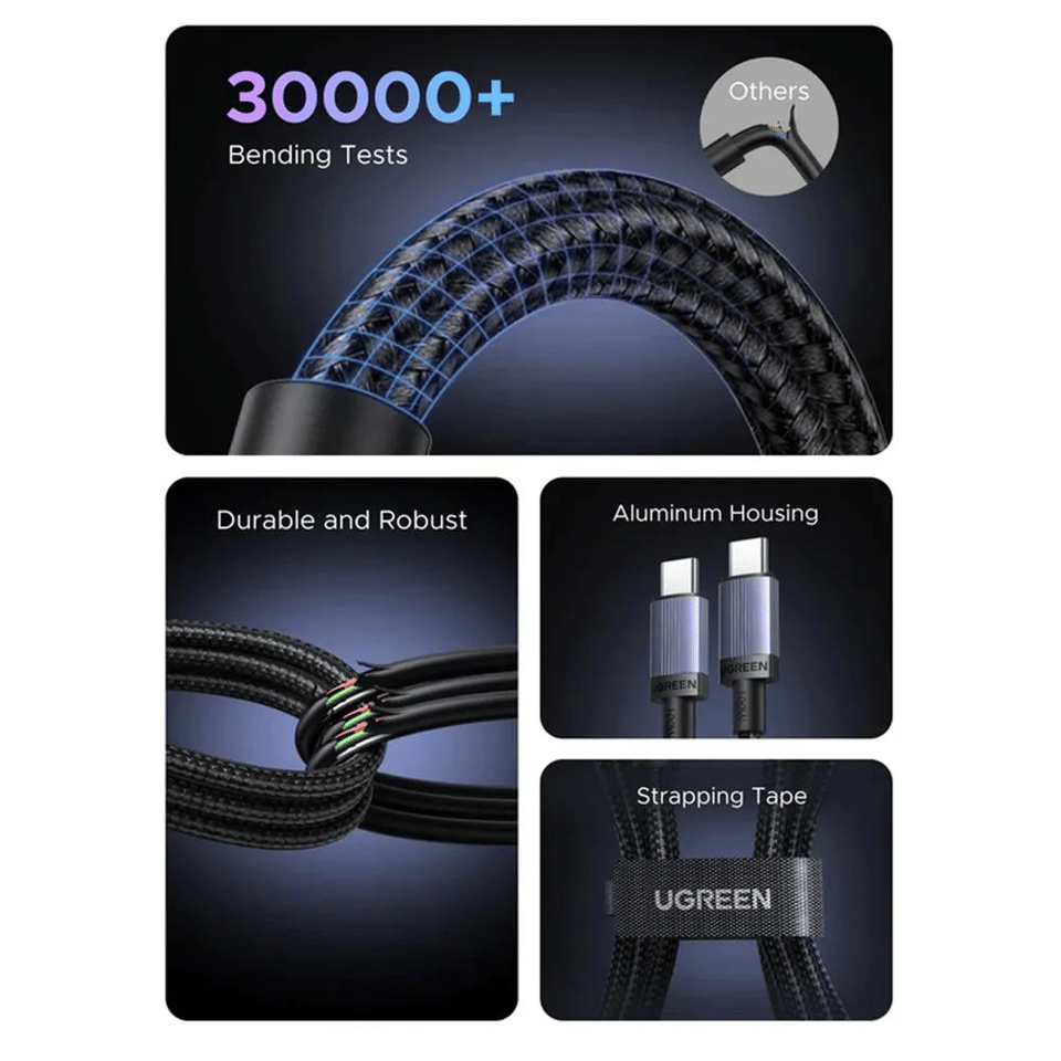 USB კაბელი UGREEN L528 (65832), 100W, Type-C to Type-C Cable, 1m, Grey/Black