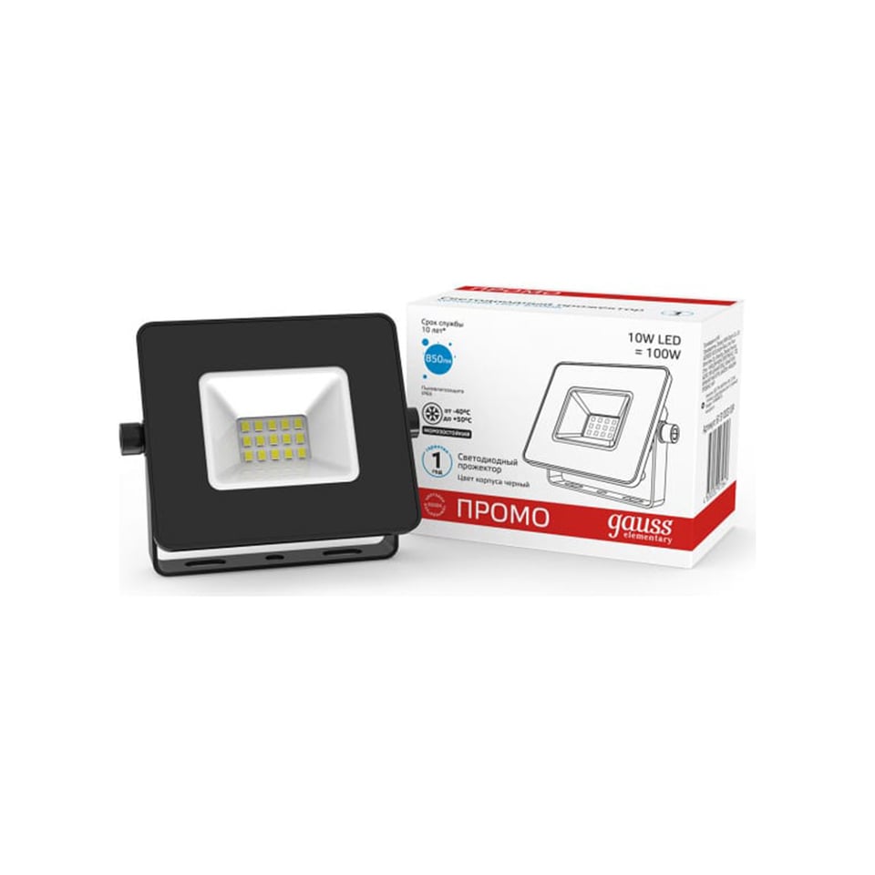 gauss LED პროჟექტორი 10W IP65 6500K შავი PROMO - 613100310P