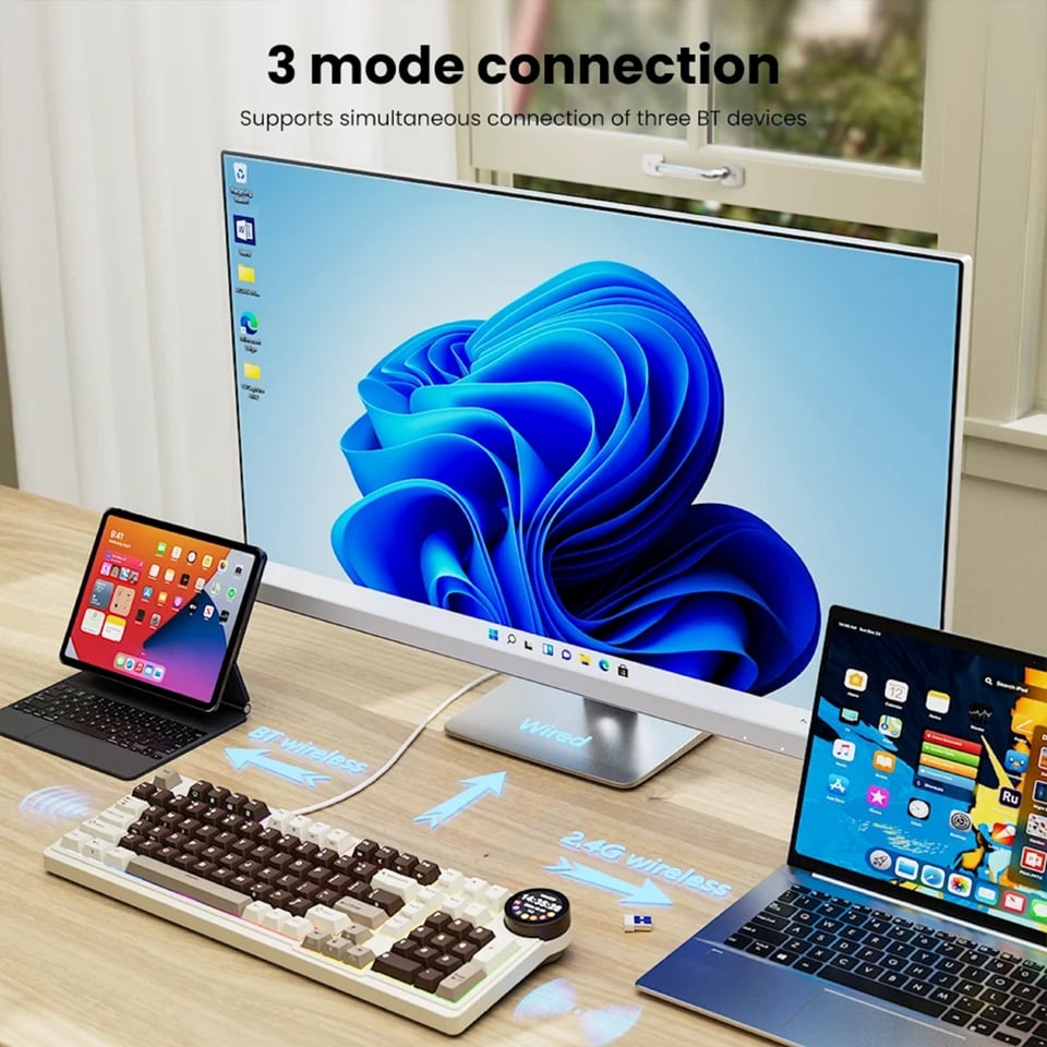 კლავიატურა Royal Kludge RK N99 RGB Mechanical Keyboard, Violet Switch, Hot Swappable, Wireless, USB, Bluetooth, 2.4GHz, Mocha Grey