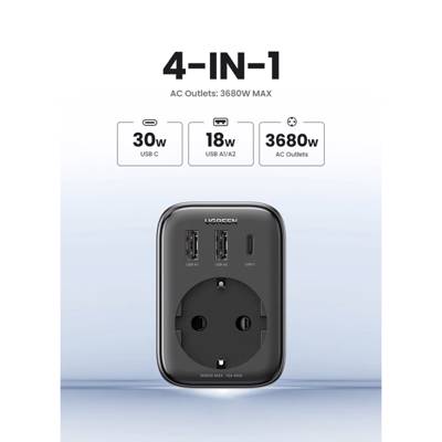 ადაპტერი UGREEN CD314 (90613) Nexode, 30W, 1 Socket, USB-A, Type-C, Gray
