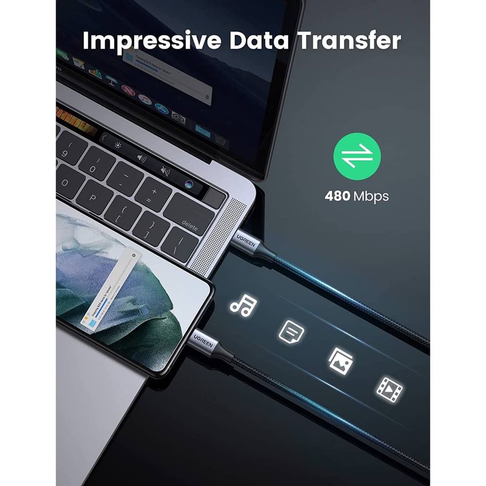 USB კაბელი UGREEN US316 (70427) 100W, Type-C to Type-C Fast Charging Cable, 1m, Black