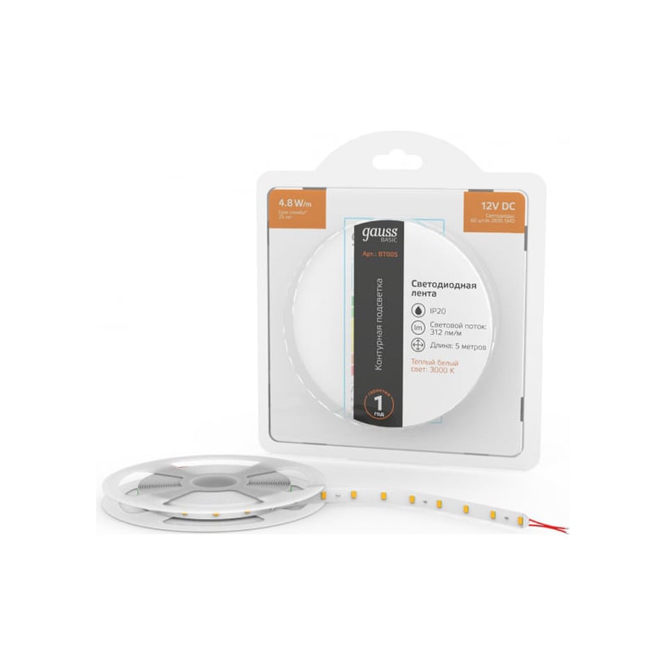 ლედ ლენტი 4.8W 3000K 12V 5M - Gauss