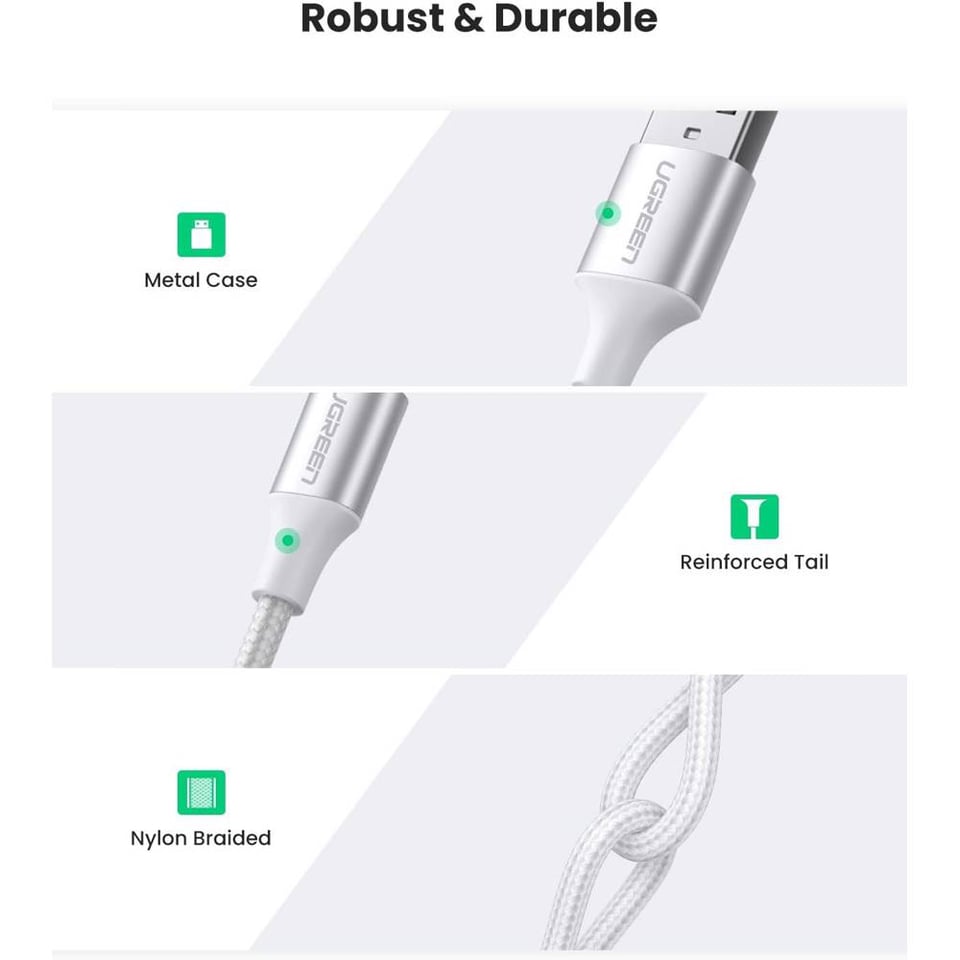 USB კაბელი UGREEN US288 (60131), USB-A 2.0 to Type-C Cable Nickel Plating Aluminum Braid, 1m, White