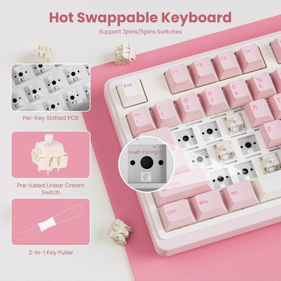 კლავიატურა Royal Kludge RKN99-PM-XH RGB Mechanical Keyboard, Cream Switch, Hot Swappable, Wireless, Type-C, Bluetooth, 2.4GHz, Pink Melody