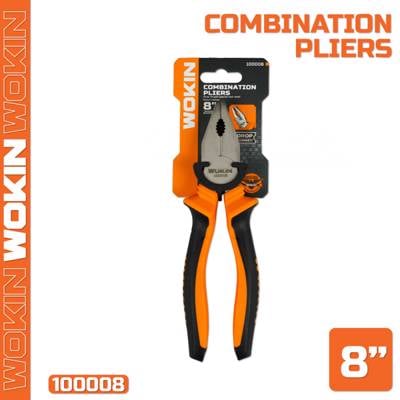ბრტყელტუჩა რეზინის სახელურით Wokin 100008, 200MM, 8", Combination Pliers, Black/Orange