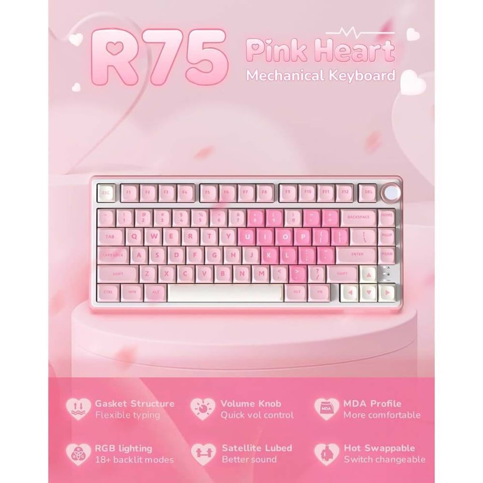 კლავიატურა Royal Kludge RKR75-PM-XH RGB Mechanical Keyboard, Cream Switch, Hot Swappable, Wired, USB, Pink Melody