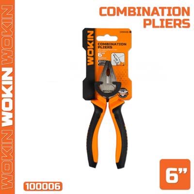 ბრტყელტუჩა რეზინის სახელურით Wokin 100006, 160MM, 6", Combination Pliers, Black/Orange