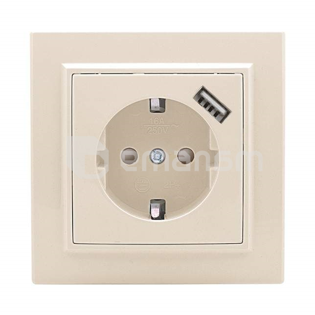 როზეტი EKF 16A USB პორტით დამიწებით კრემისფერი
