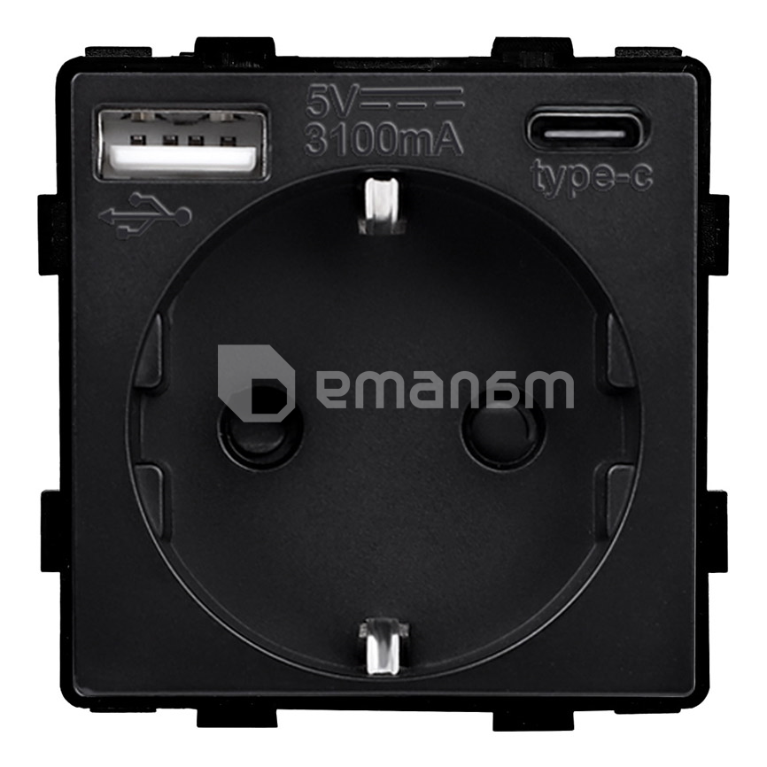 როზეტი ჩარჩოს გარეშე Socket Style 16A დამიწებით და შტორებით USB A C 3.1A 20W შავი