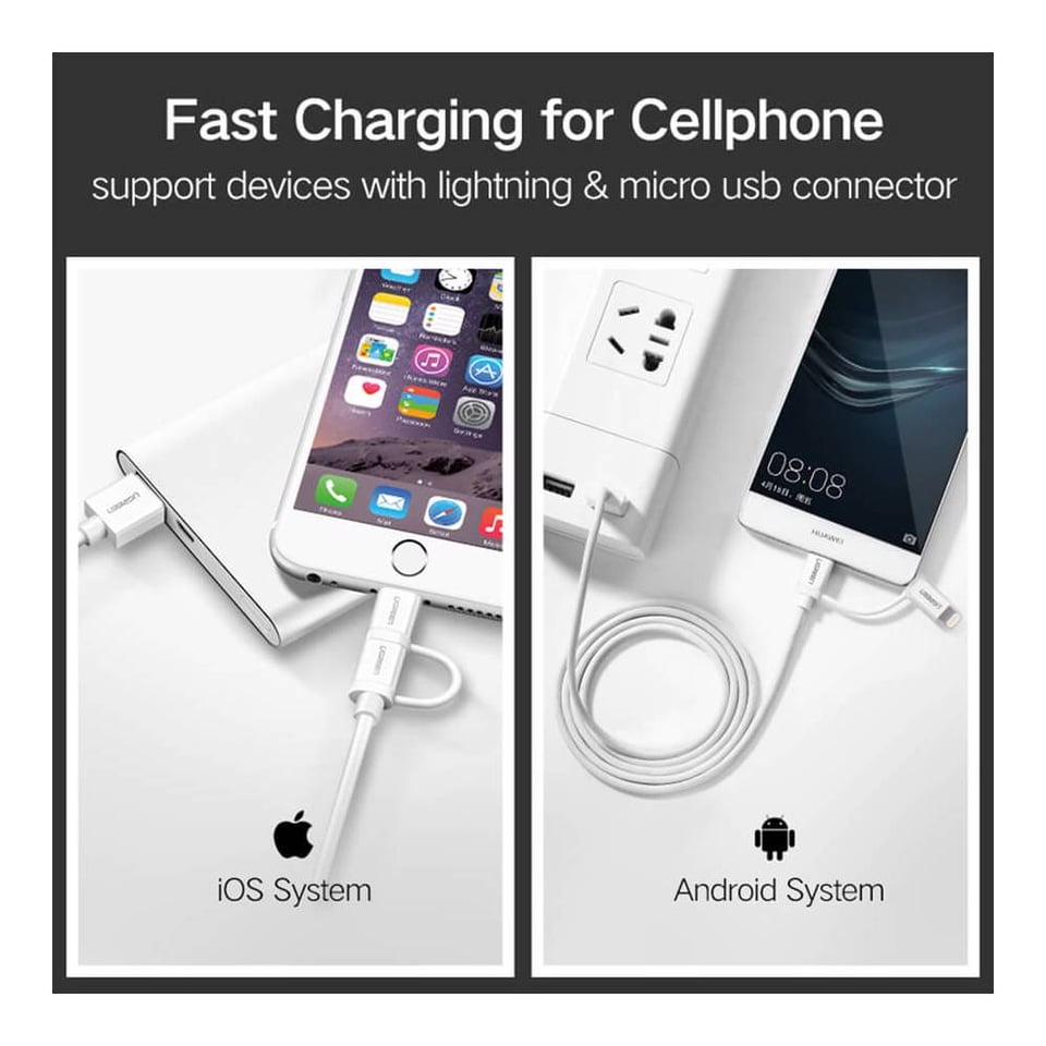 USB კაბელი UGREEN US178 (20876), USB to Lightning/Micro USB, 1m, White