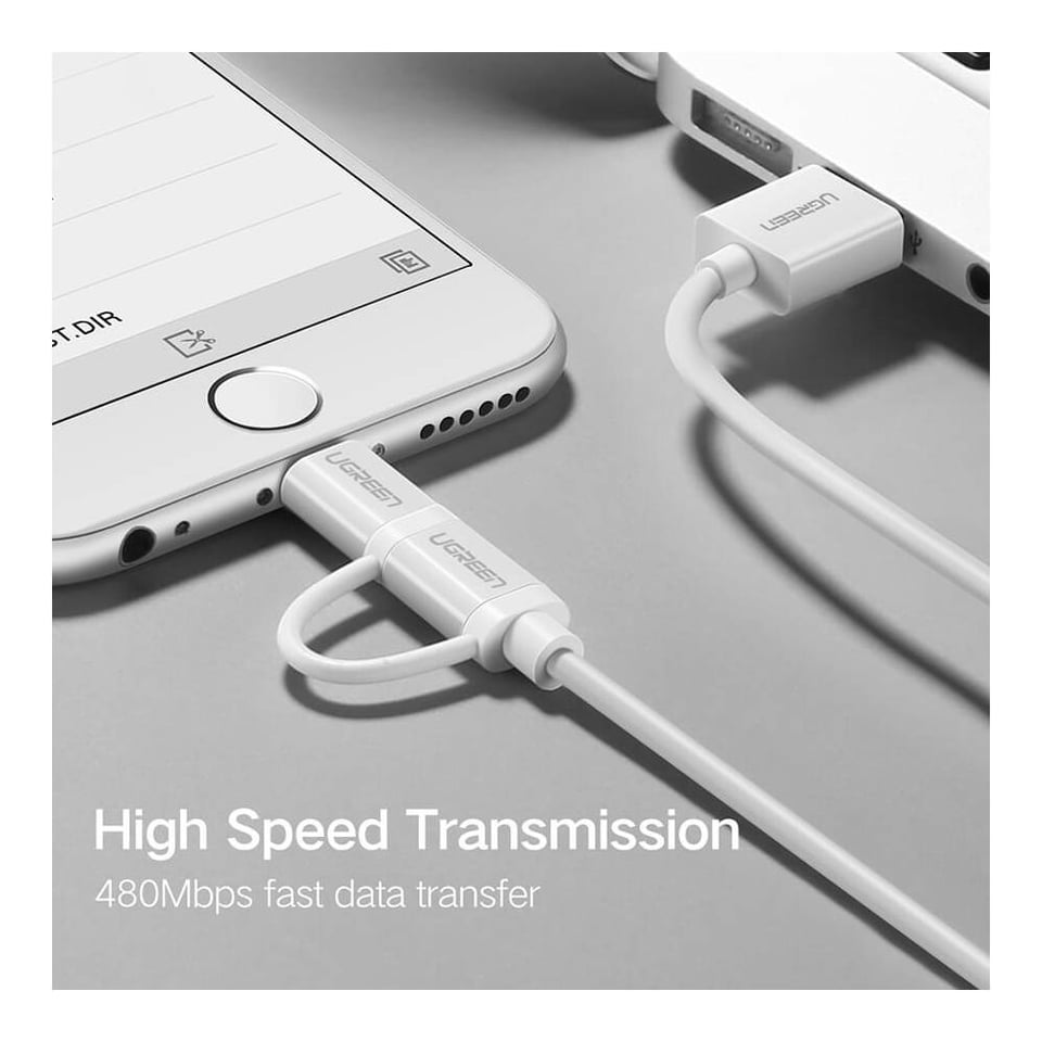 USB კაბელი UGREEN US178 (20876), USB to Lightning/Micro USB, 1m, White