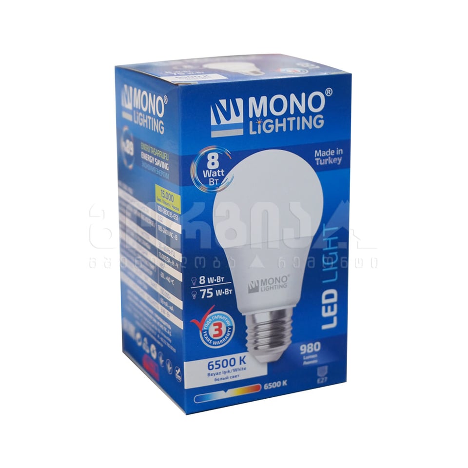 ლედ ნათურა 8W E27 6500K - MONO