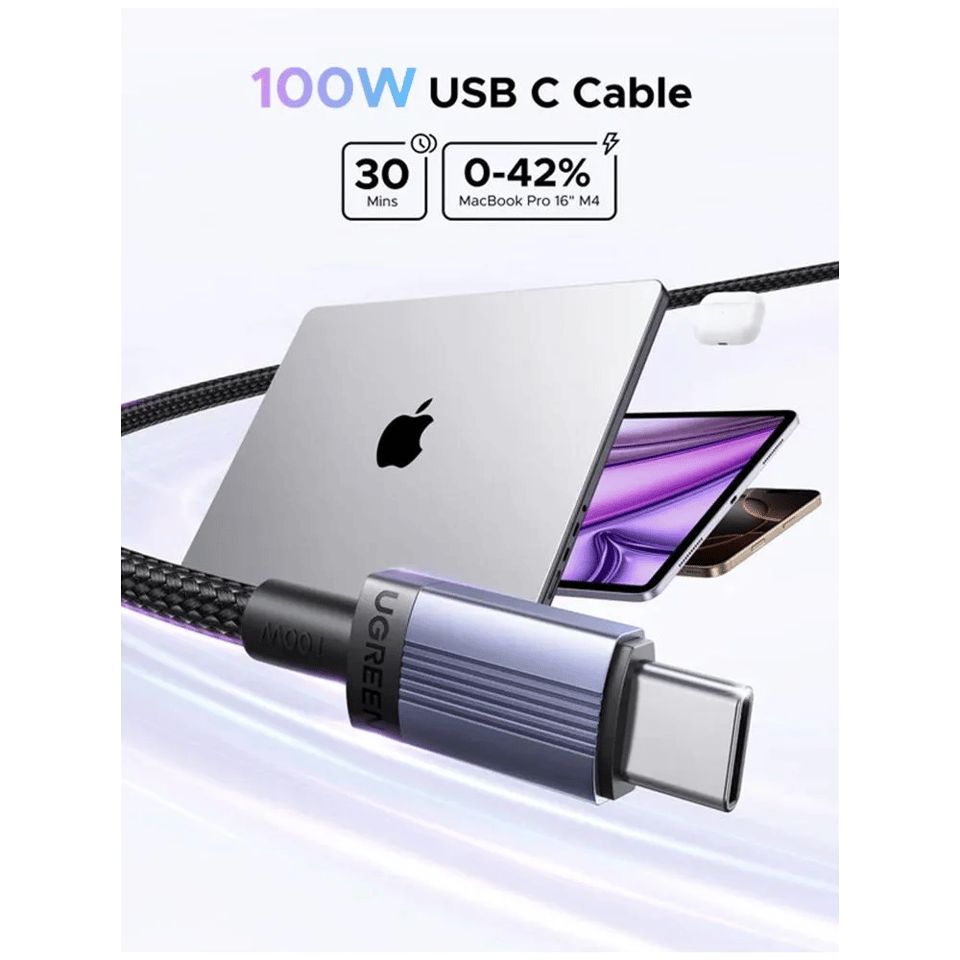 USB კაბელი UGREEN L528 (65832), 100W, Type-C to Type-C Cable, 1m, Grey/Black