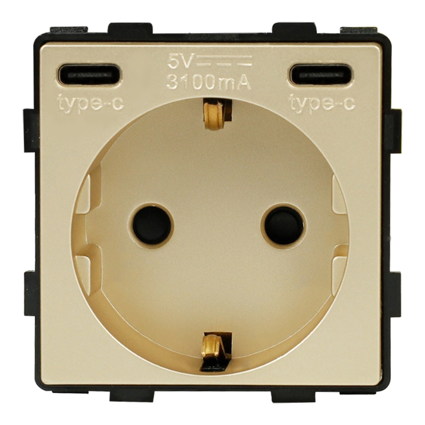 როზეტი Socket Style დამიწებით და შტორებით ჩარჩოს გარეშე 16A USB C+C 20W ოქროსფერი
