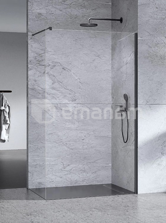 საშხაპე მინა გამჭვირვალე შავი პროფილით და კედელზე სამაგრით New Trendy 100x200სმ-8 მმ