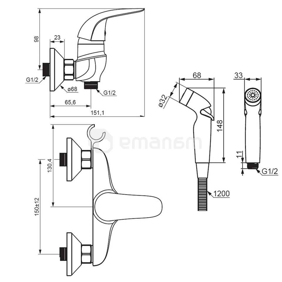 საშხაპე შემრევი ჰიგიენური შლანგით Damixa 318000000 Eclipce Chrome