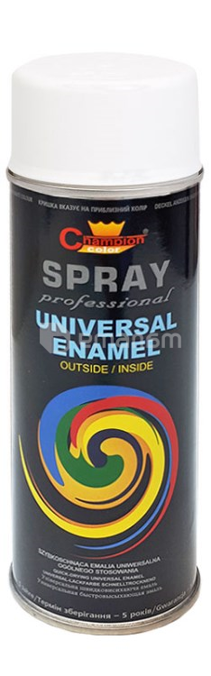 უნივერსალური სპრეი საღებავი Champion Universal Enamel RAL 9010 400 მლ მქრქალი თეთრი