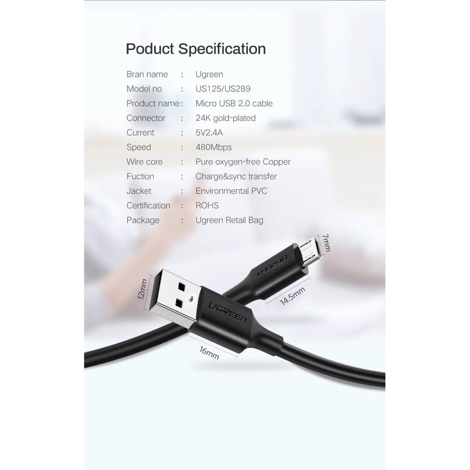 USB კაბელი UGREEN US289 (60136) USB 2.0 to Micro USB, 1m, Black