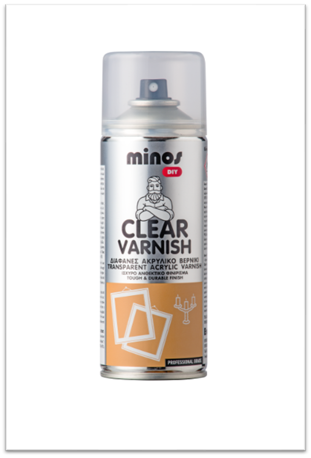 აკრილის გამჭვირვალე ლაქი პრიალა MINOS CLEAR VARNISH SPRAY