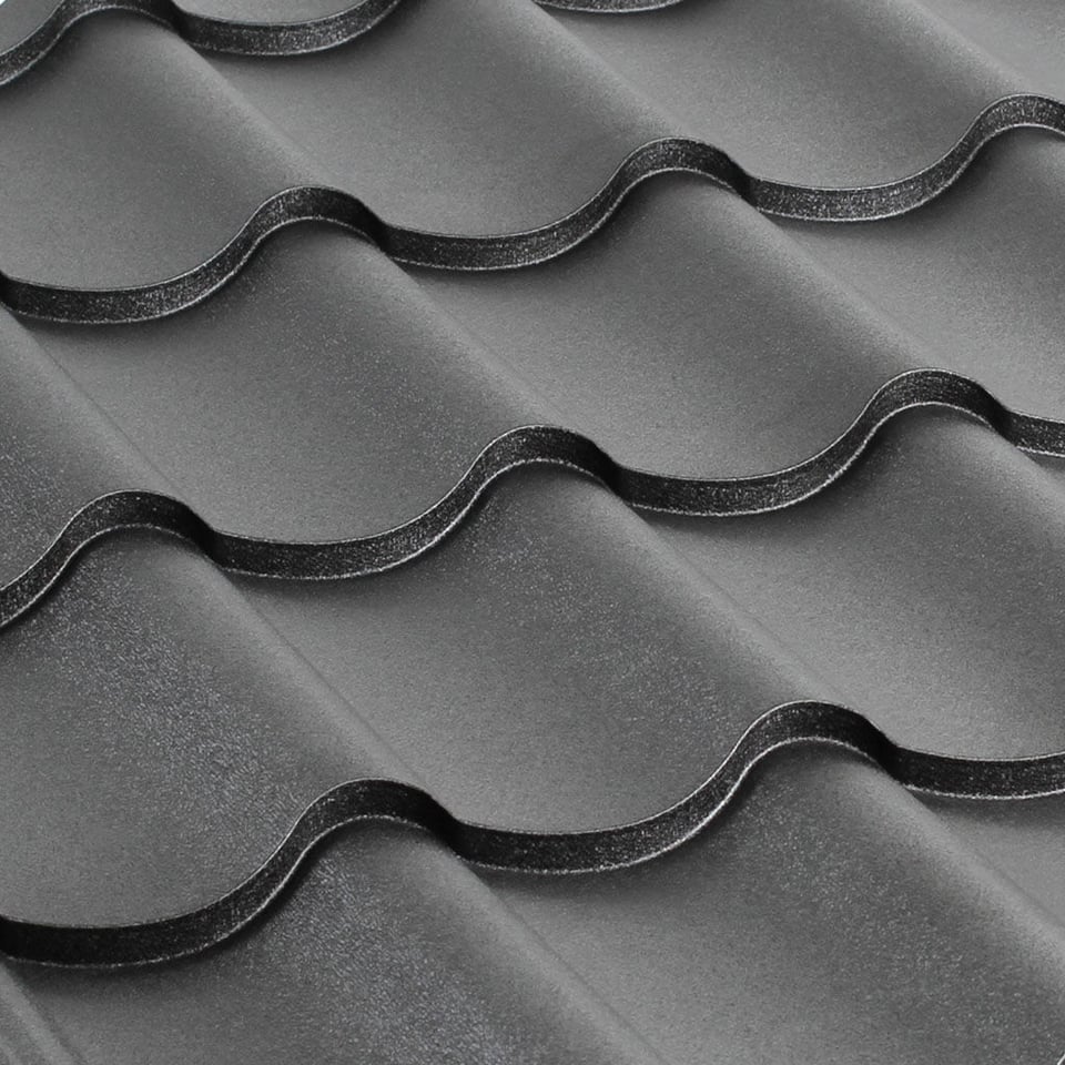 მეტალოკრამიტი ფერადი თუნუქის სახურავი 0.45X1180 ხაოიანი RAL9005 NOVA