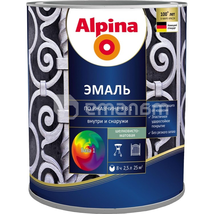 პრაიმერი ემალი ანტიკოროზიული Alpina ბაზა 3 აბრეშუმისებრ მქრქალი 2,5 ლ