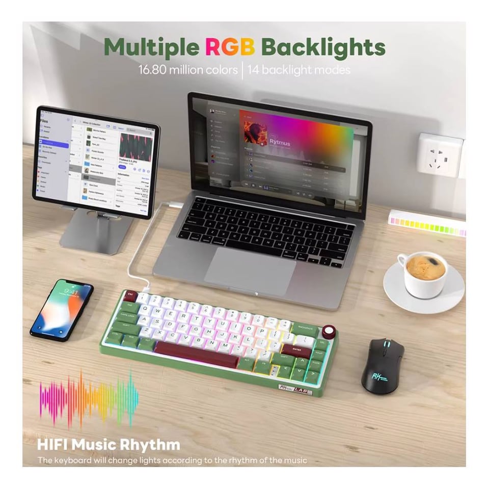 კლავიატურა Royal Kludge RK R65 RGB Mechanical Keyboard, Brown switch, Hot Swappable, Type-C wired, Green sand