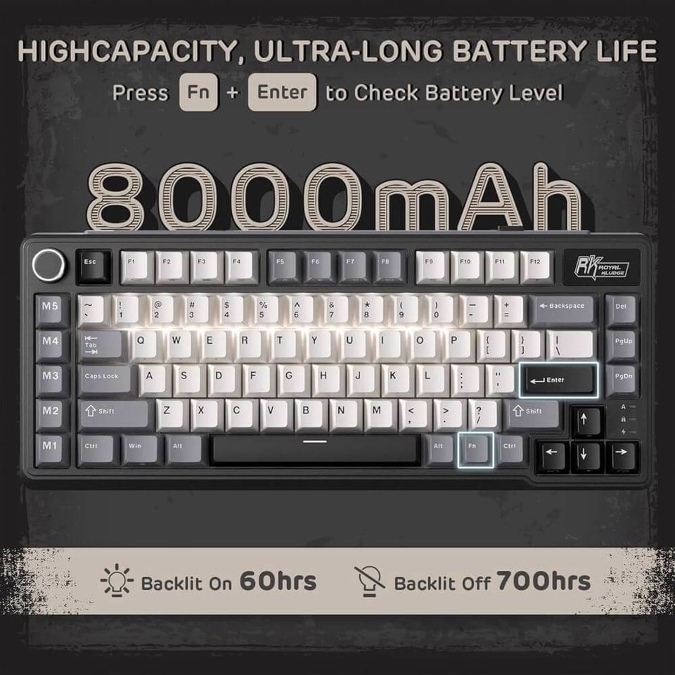 კლავიატურა Royal Kludge RKL75-KB-XW RGB Mechanical Keyboard, Beige Switch, Hot Swappable, Wireless, Type-C, Bluetooth, 2.4GHz, Knight Black