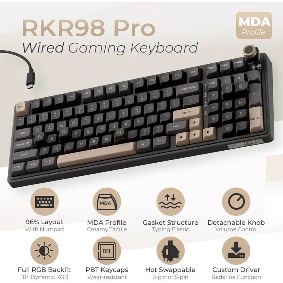 კლავიატურა Royal Kludge RKR98PRO-PT-XW RGB Mechanical Keyboard, Beige Switch, Hot Swappable, Wired, Phantom