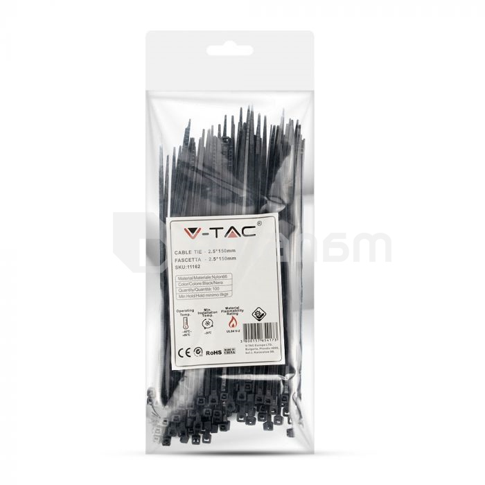 სადენის შესაკრავი V-TAC 2.5 150მმ 100 ც შავი 11162