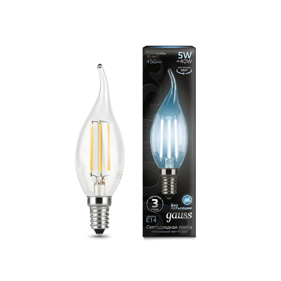 LED ნათურა Filament Candle Tailed E14 5W 4100K Gauss Black