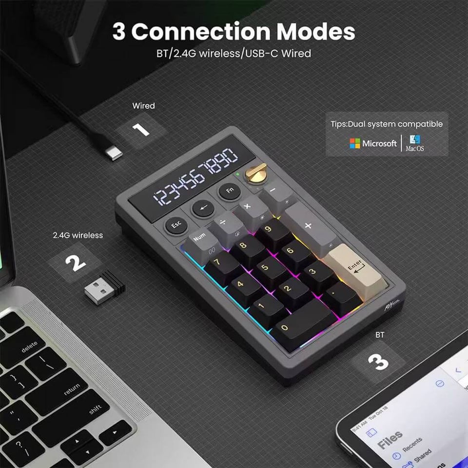 კლავიატურა Royal Kludge RKM20-PT-YXZ RGB Mechanical Numpad, Violet Switch, Hot Swappable, Wireless, Type-C, Bluetooth, 2.4GHz, Phantom