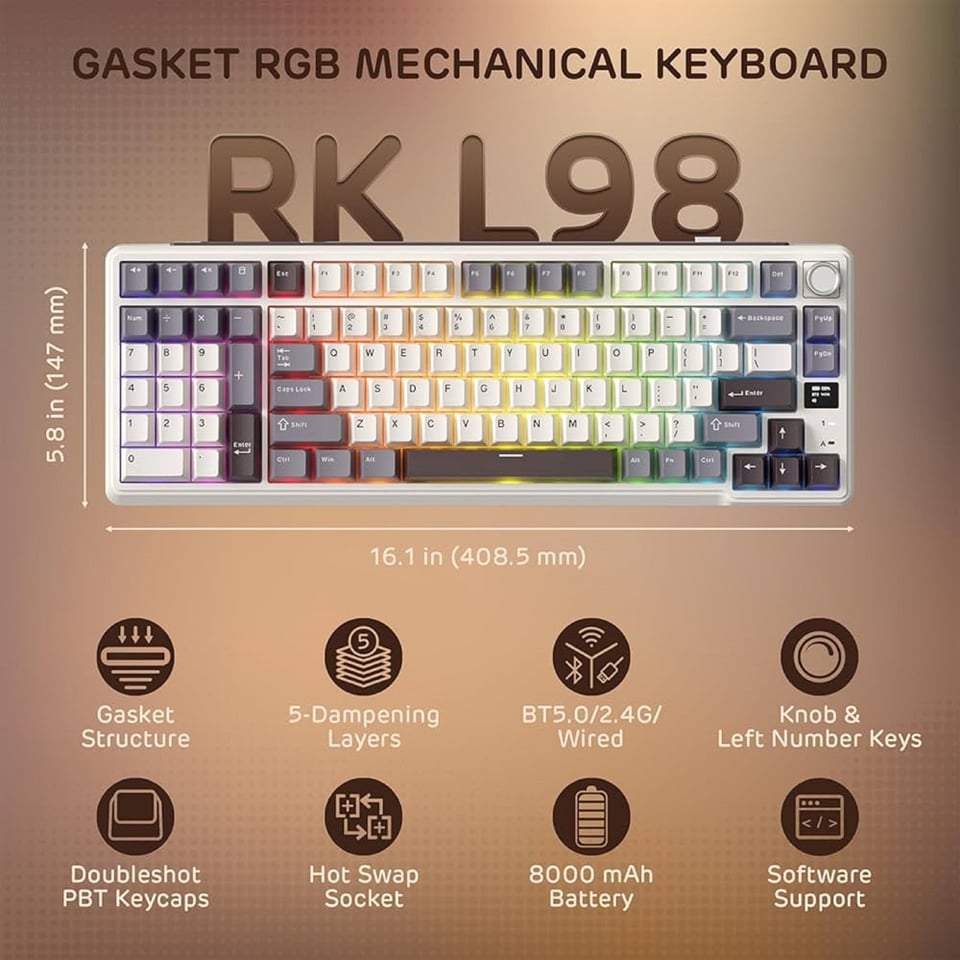 კლავიატურა Royal Kludge RK L98 RGB Mechanical Keyboard, Cream Switch, Hot Swappable, Wireless, Type-C, Bluetooth, 2.4GHz, Sandalwood Brown