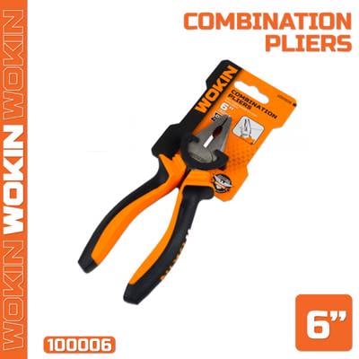 ბრტყელტუჩა რეზინის სახელურით Wokin 100006, 160MM, 6", Combination Pliers, Black/Orange