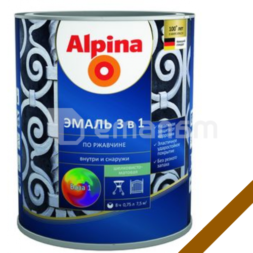 გრუნტი-ემალი ჟანგ. 3-1-ში, ფერი:Alpina მეტალიკი ყავისფერი RAL 8017 0,75L
