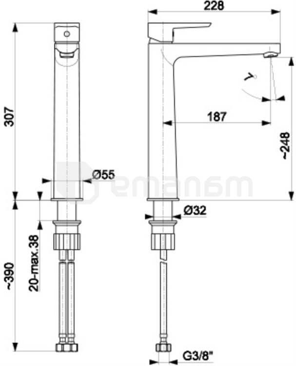 ხელსაბნის შემრევი KFA Narva შავი,Click-Clack სიფონით