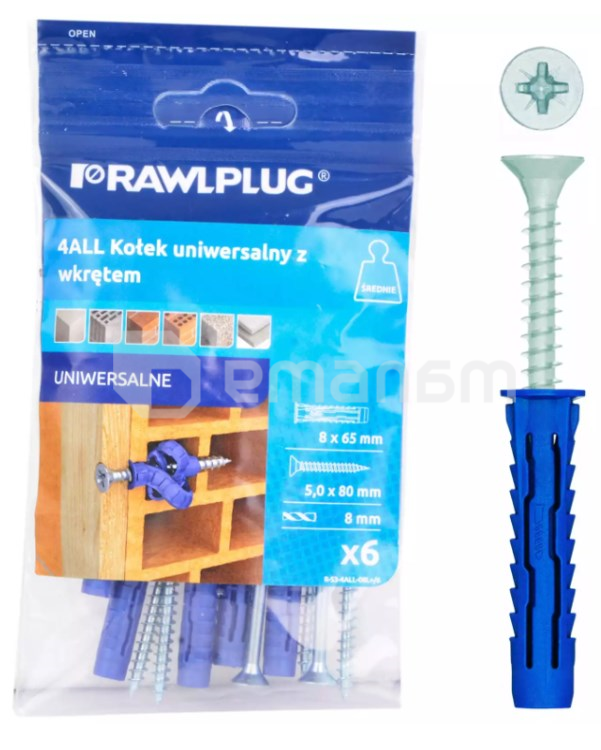 დიუბელი უნივერსალური RawlPlug  8x65 მმ სჭვლით 6 ც R-S3-4ALL-08L+/6