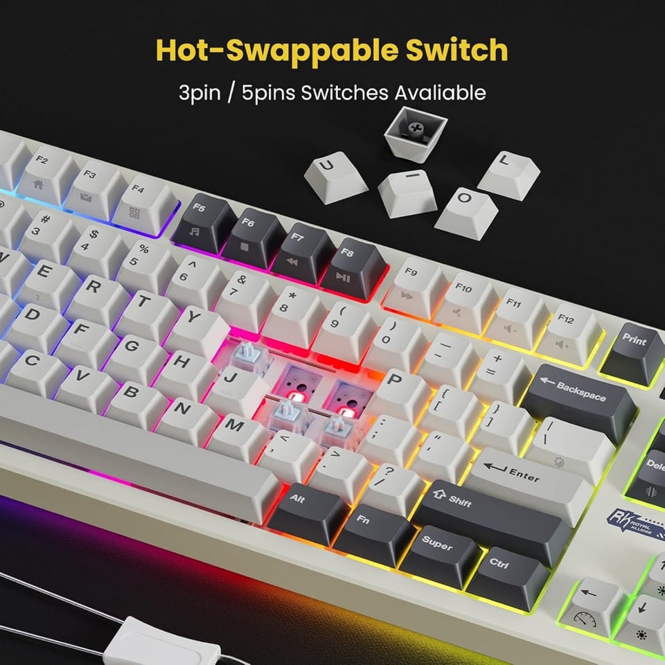 კლავიატურა Royal Kludge RK S85 RGB Mechanical Keyboard, Cloud Switch, Hot Swappable, Wireless, Type-C, Bluetooth, 2.4GHz, White Night