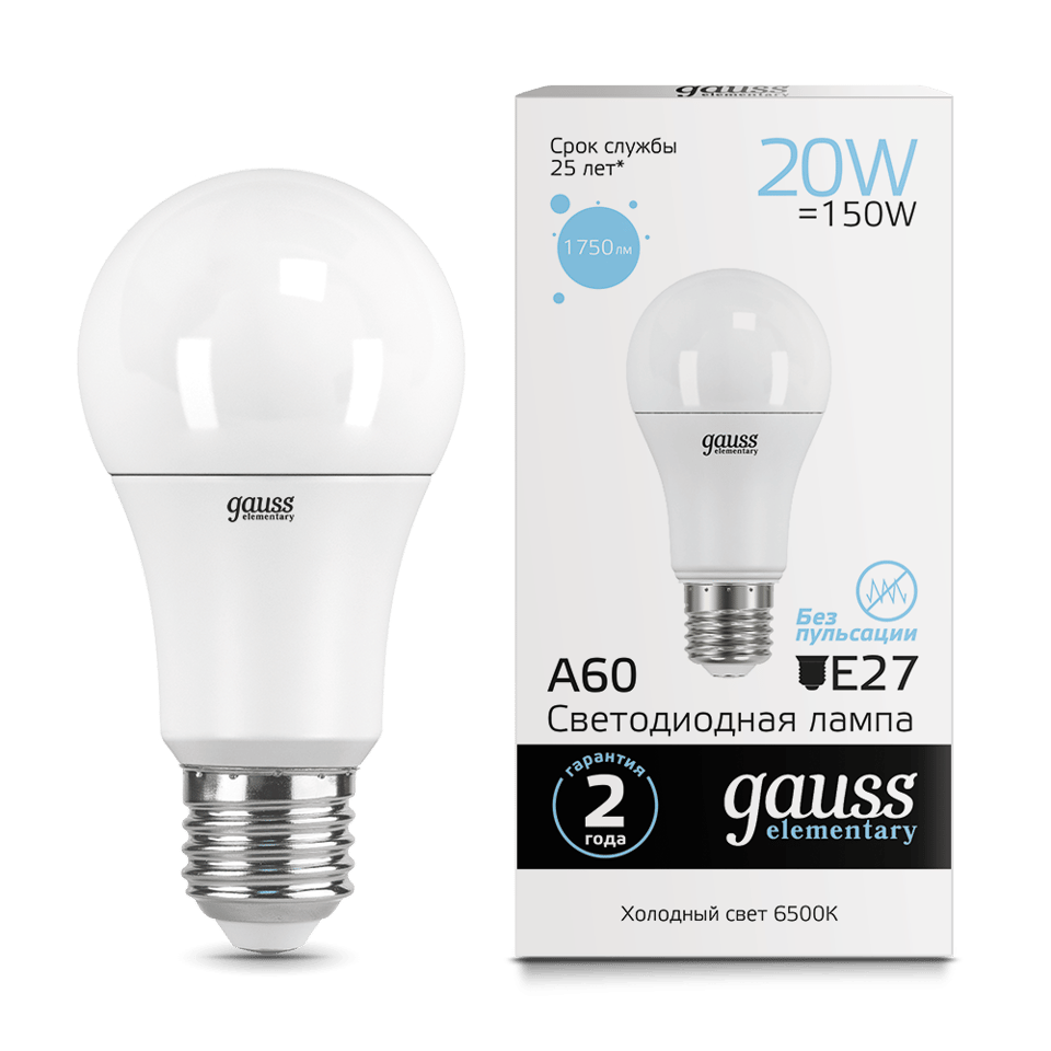 ლედ ნათურა A60 20W E27 6500K gauss el - 23239