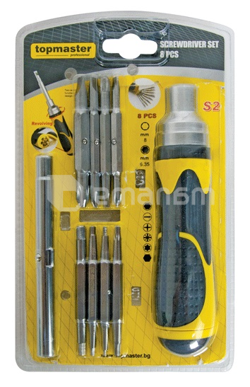 სახრახნისი/ჭრიალა + ბიტების ნაკრები Topmaster 223901 16 ც