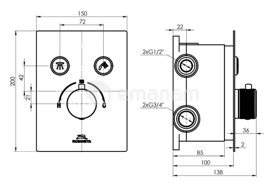 საშხაპე სისტემა ჩასაშენებელი Rubineta ქრომი Thermo-2F-Olo 625039