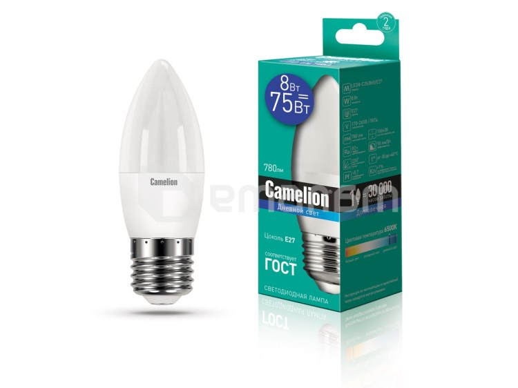 შუქდიოდური ნათურა Camelion 8W С35 Е27 6500K