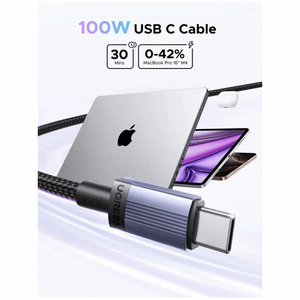 USB კაბელი UGREEN L528 (65833), 100W, Type-C to Type-C Cable, 2m, Grey/Black