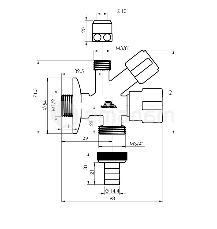 კომბინირებული ვენტილი Rubineta M1/2xM3/4xM3/8x10