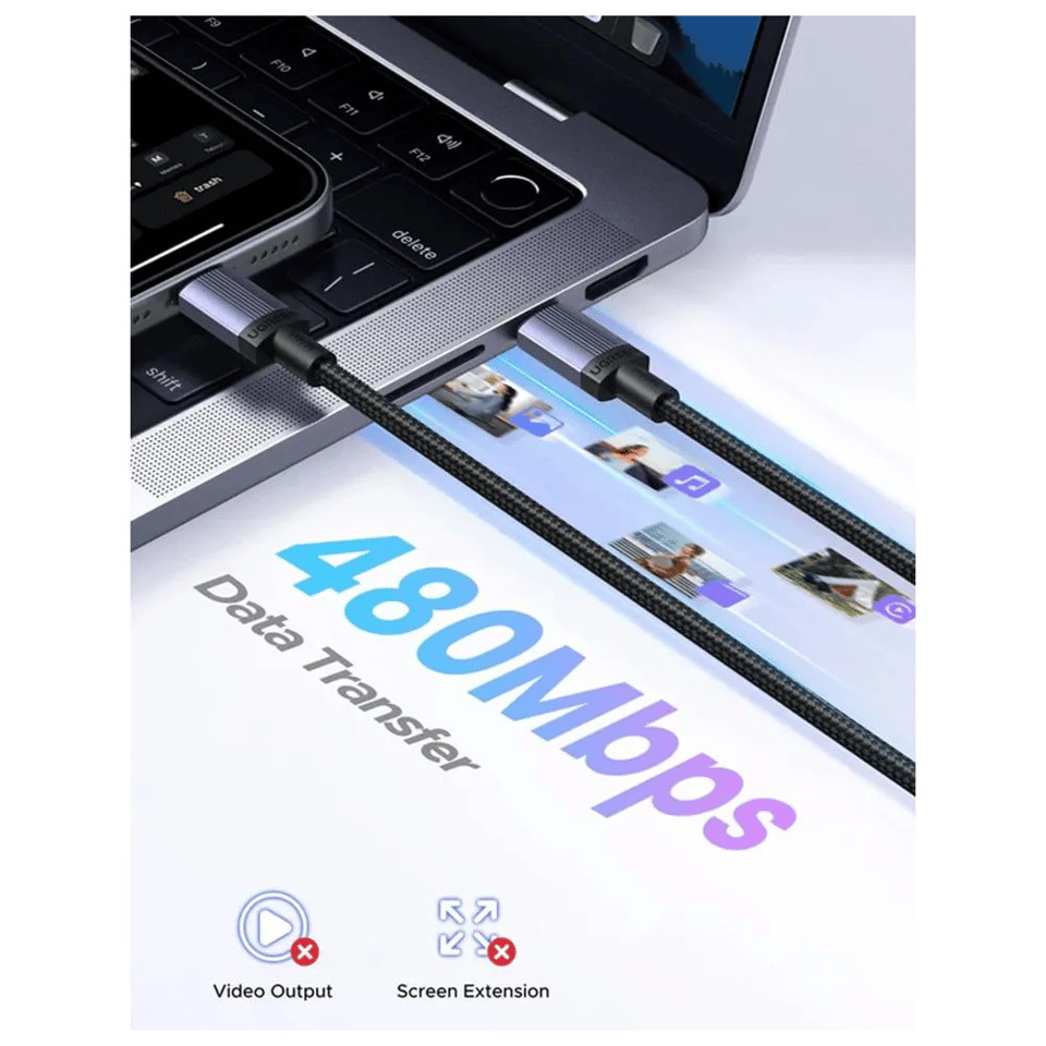 USB კაბელი UGREEN L528 (65832), 100W, Type-C to Type-C Cable, 1m, Grey/Black