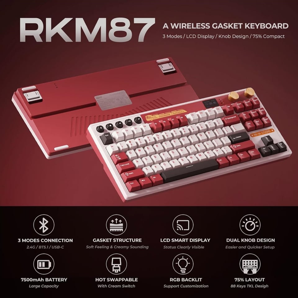 კლავიატურა Royal Kludge RK M87 RGB Mechanical Keyboard, Cream Switch, Hot Swappable, Wireless, Type-C, Bluetooth, 2.4GHz, Famicom
