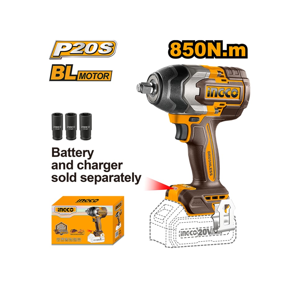 ელექტრო ქანჩის მოსახსნელი 20 V Li-Ion Proline INGCO(CIWLI20851)