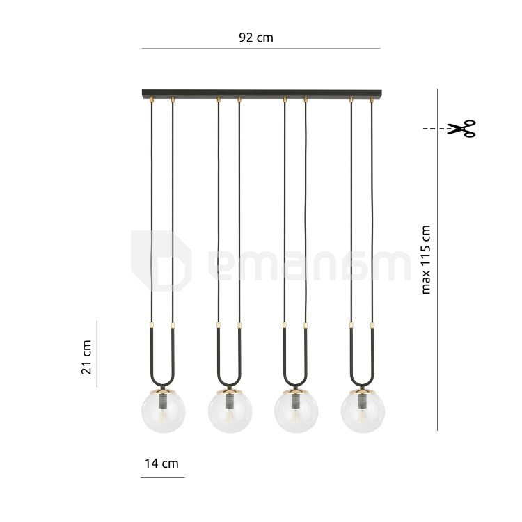 საკიდი EMIBIG GLAM 4 E14 4x MAX 40W შავი გამჭირვალე