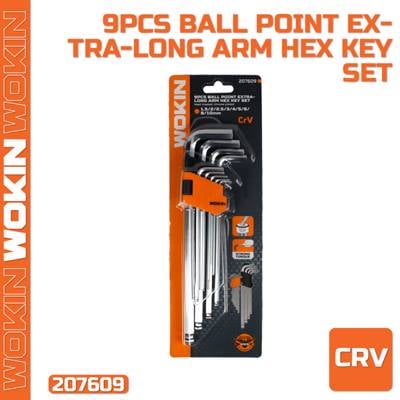 ექვსკუთხა სახრახნისის ნაკრები Wokin 207609, 9Pcs BALL POINT EXTRA-LONG ARM HEX KEY SET, Silver/Black