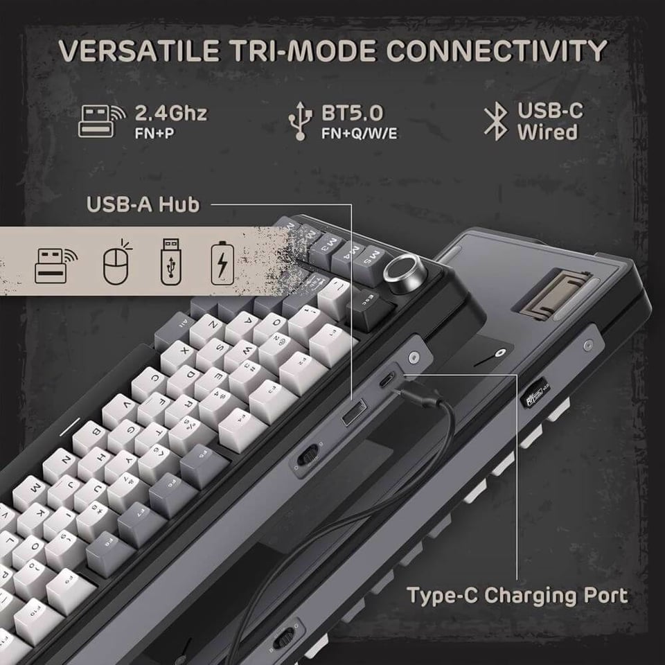 კლავიატურა Royal Kludge RKL75-KB-XW RGB Mechanical Keyboard, Beige Switch, Hot Swappable, Wireless, Type-C, Bluetooth, 2.4GHz, Knight Black